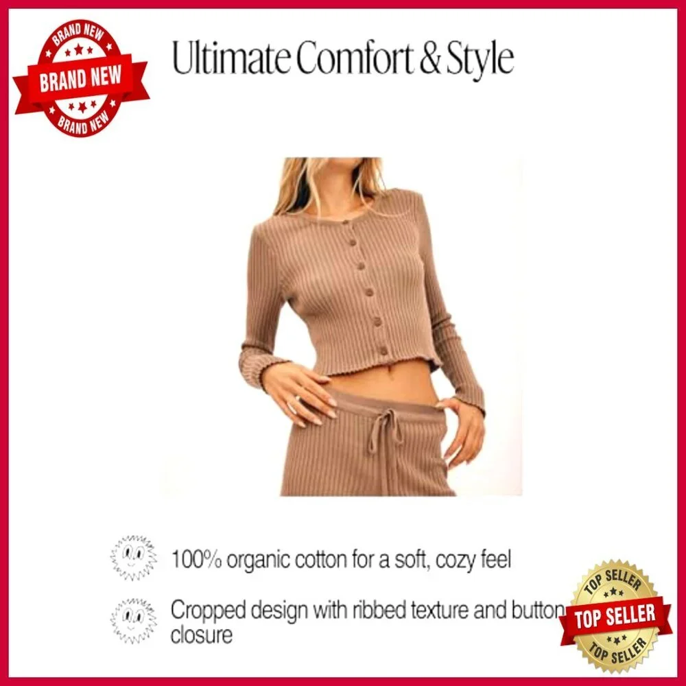 Cropped Long Sleeve Cardigan Ribbed Organic Cotton Button Front - Picture 4 of 4